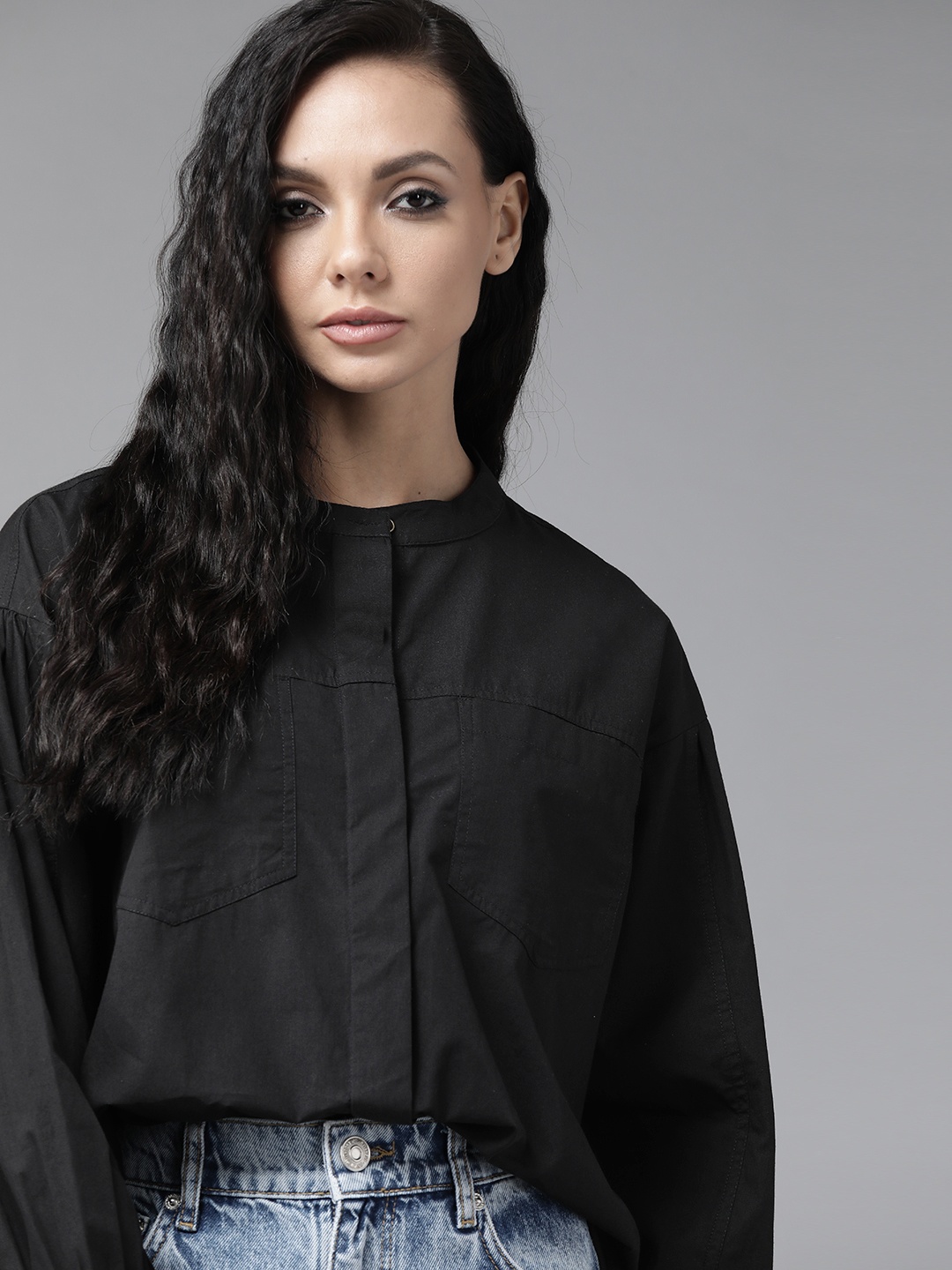

Roadster Women Black Solid Pure Cotton Casual Shirt with Puff Sleeves