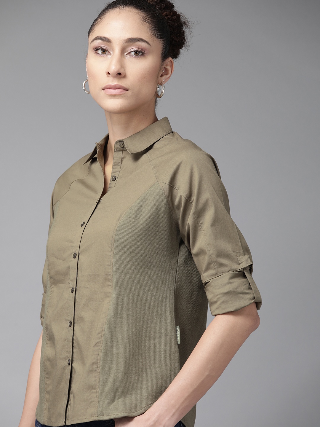 

Roadster X DISCOVERY ADVENTURES Women Olive Green Shirt with Hidden Vents
