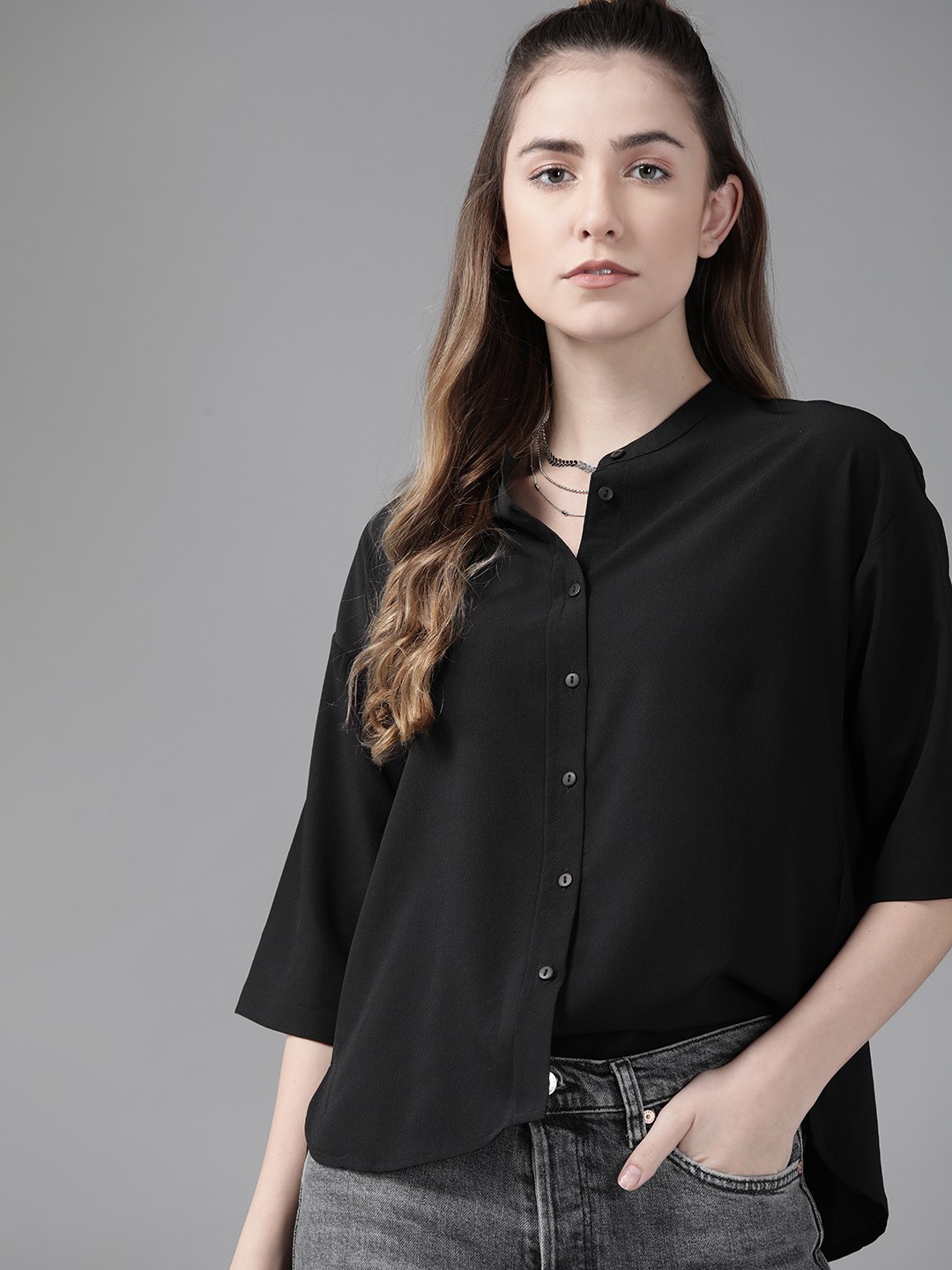 

Roadster Women Black Solid Band Collar Casual Shirt