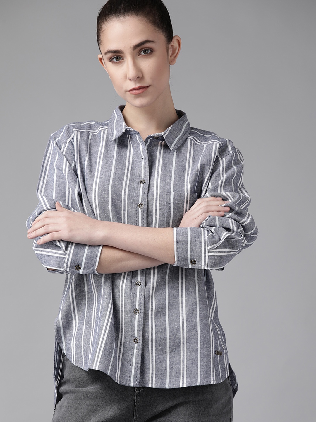 

Roadster Women Blue Pure Cotton Striped Casual Shirt