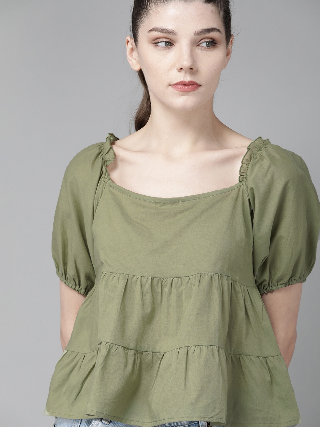 

Roadster Women Green Puff Sleeves Pure Cotton Solid Tiered Top