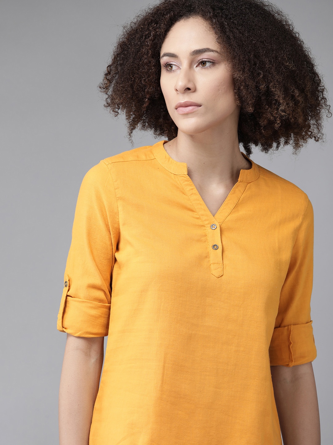 

Roadster Women Mustard Yellow Solid Cotton Linen Regular Top
