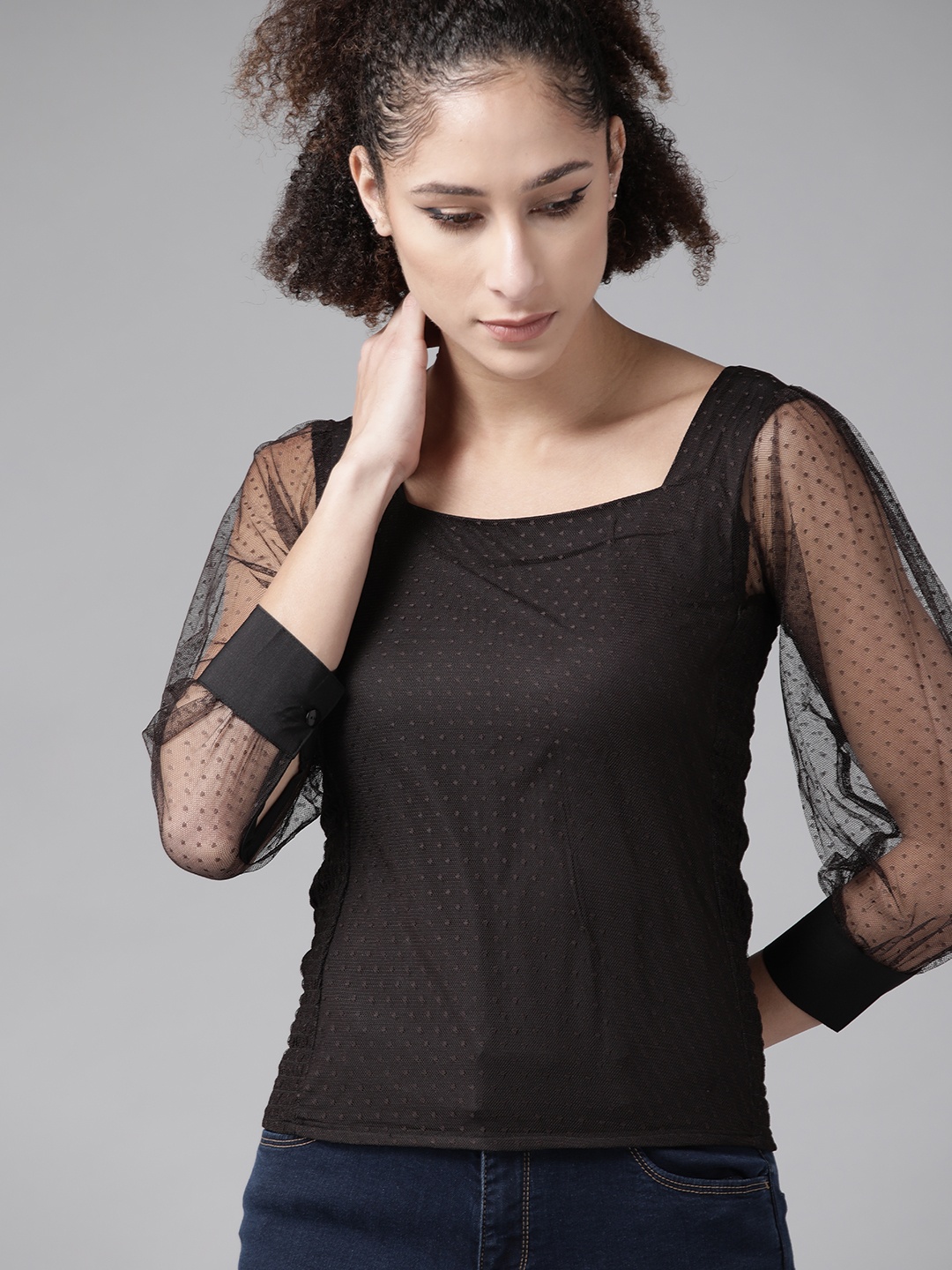 

Roadster Black Self-Design Smocked Net Top