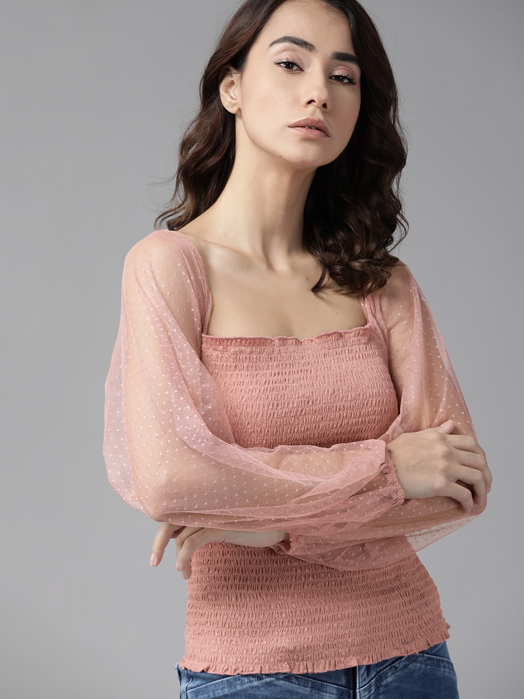 

Roadster Pink Solid Smocked Fitted Top