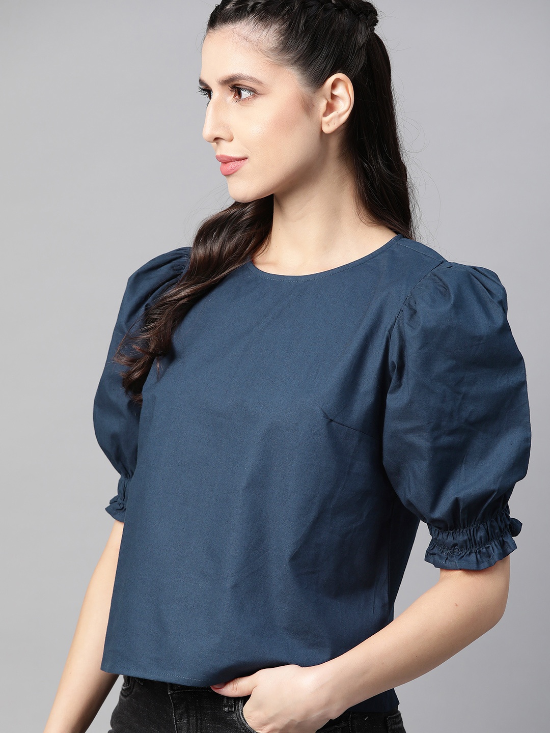 

Roadster Women Navy Blue Pure Cotton Puff Sleeves Regular Top