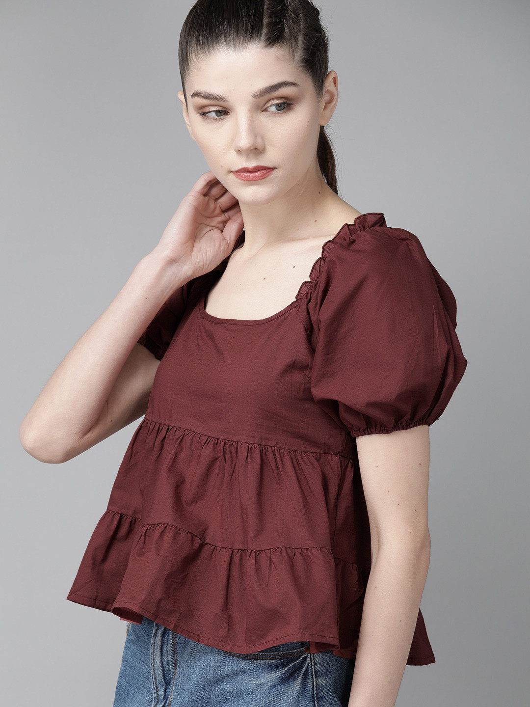 

Roadster Women Rust Brown Puff Sleeves Pure Cotton Solid Tiered Top