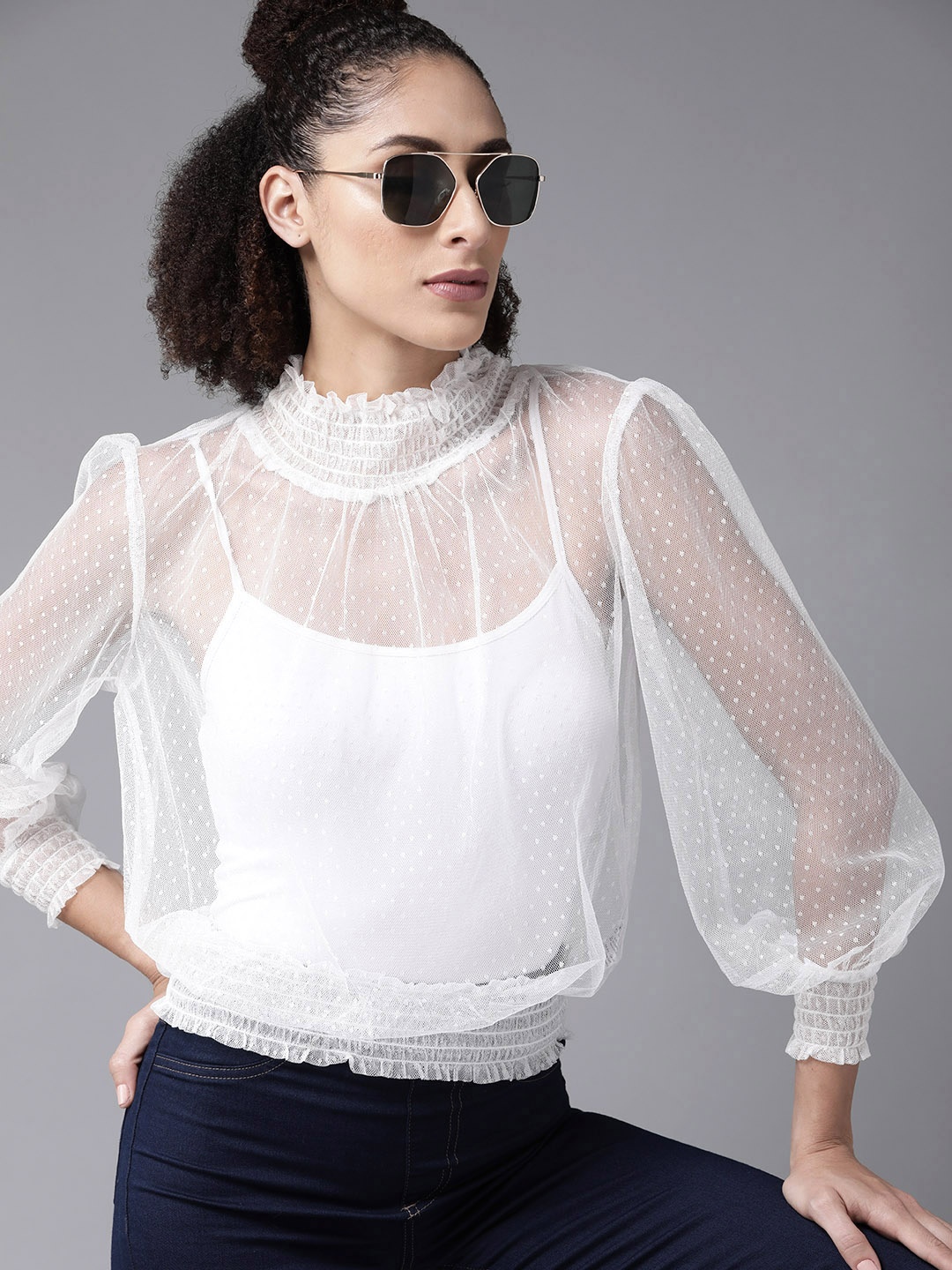 

Roadster Women White Self Design Sheer Top