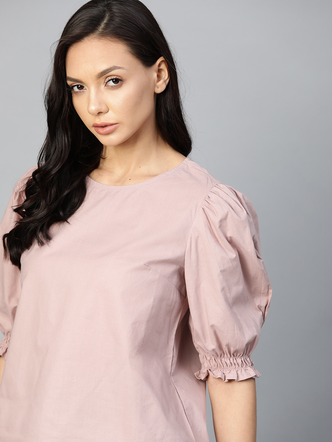 

Roadster Mauve Pure Cotton Solid Puff Sleeve Regular Top
