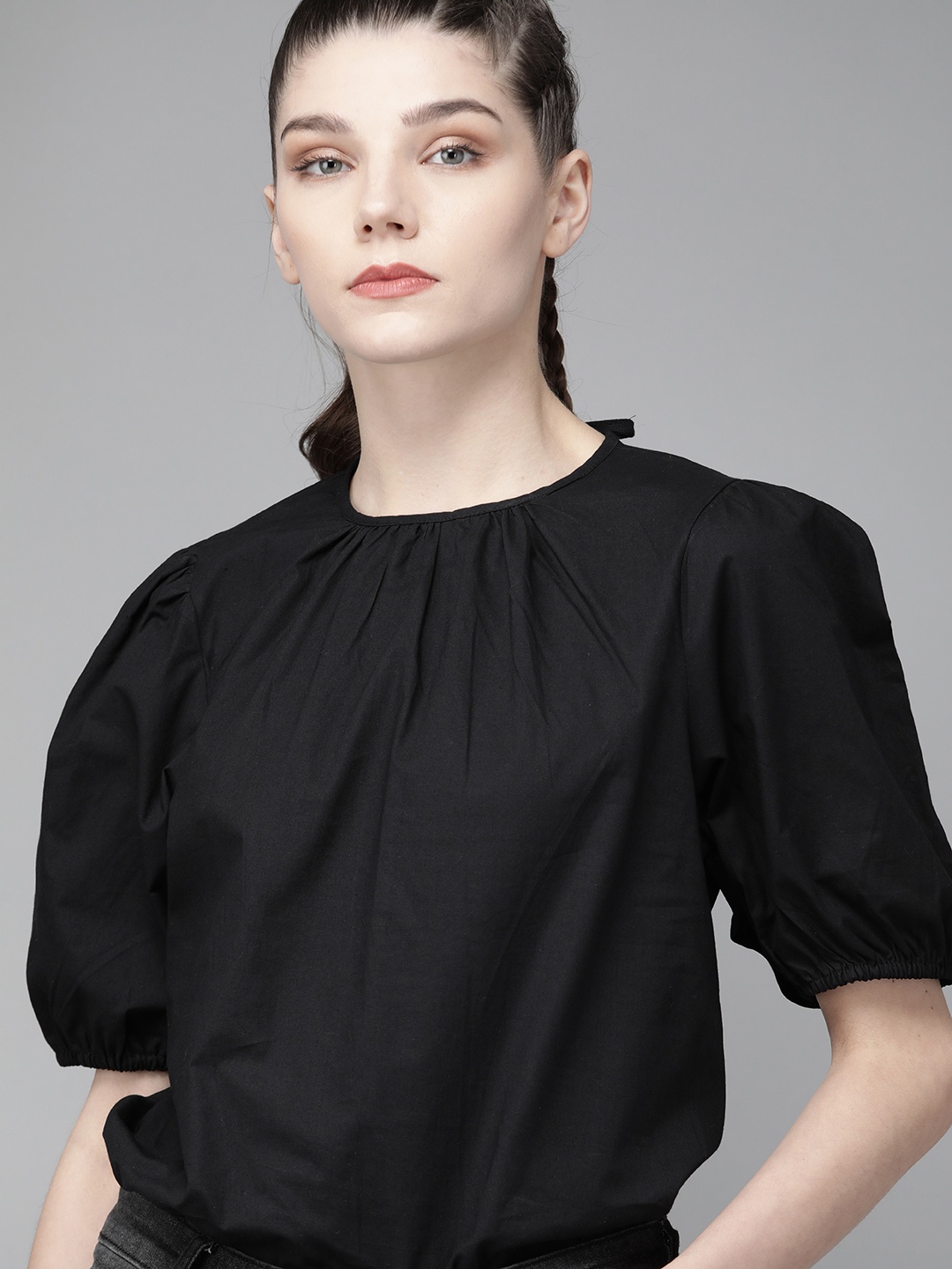 

Roadster Women Black Puff Sleeves Pure Cotton Solid Regular Top