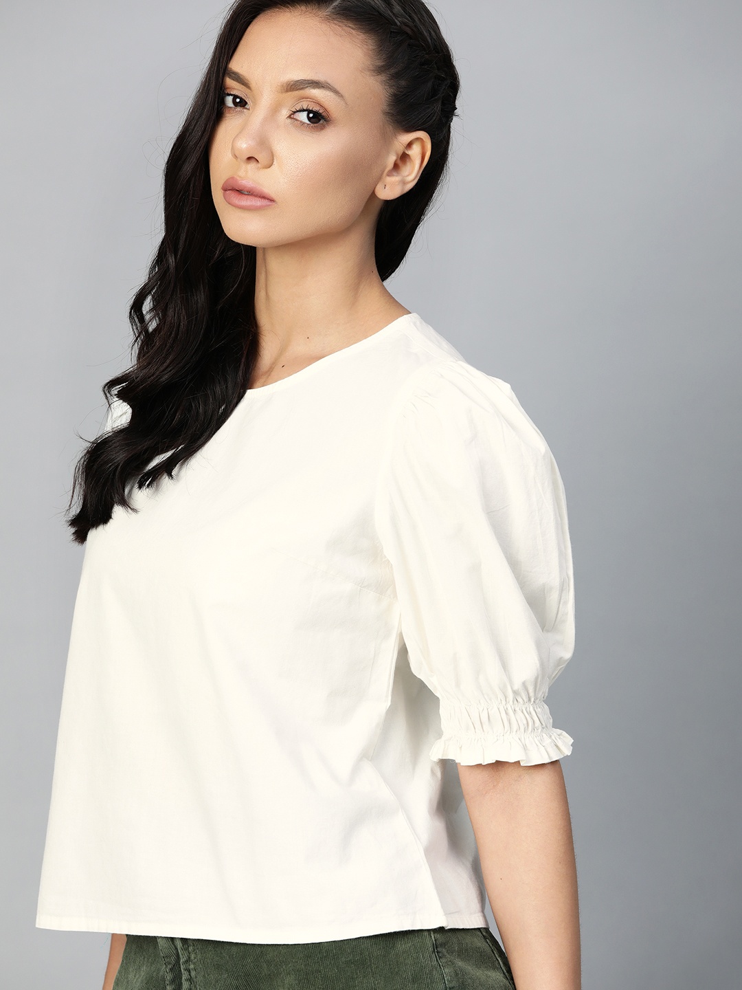 

Roadster White Pure Cotton Solid Puff Sleeve Regular Top