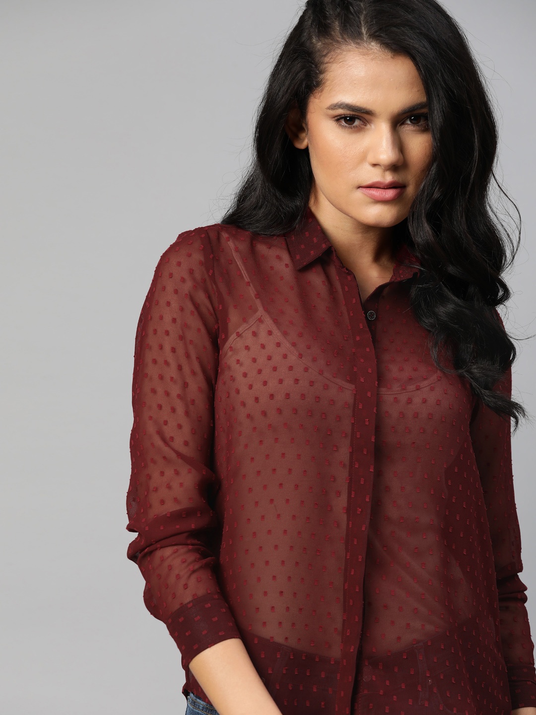 

Roadster Women Burgundy Self Design Dobby Semi-Sheer Casual Shirt