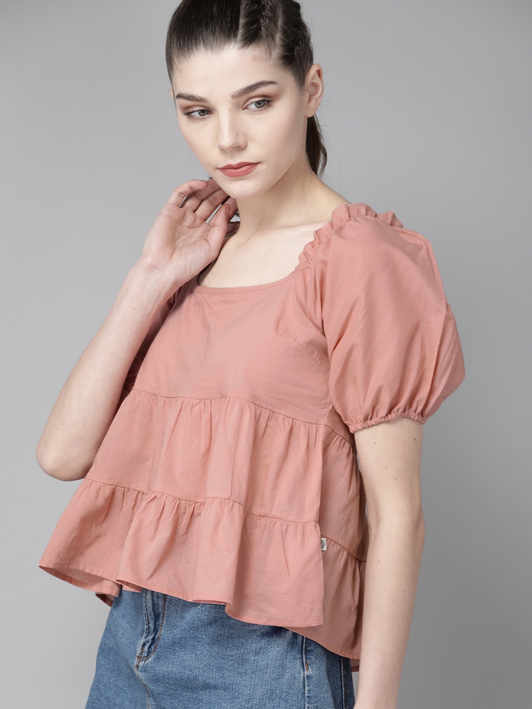 

Roadster Women Pink Puff Sleeves Pure Cotton Solid Tiered Top