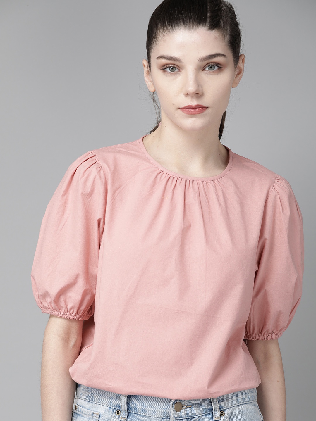 

Roadster Women Pink Puff Sleeves Pure Cotton Solid Regular Top