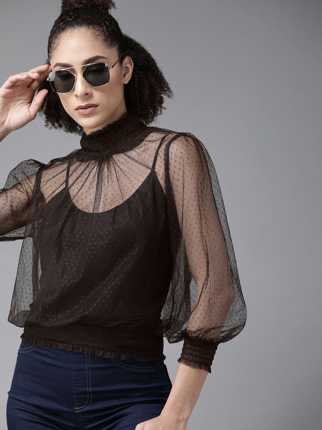 

Roadster Women Brown Self Design Sheer Top