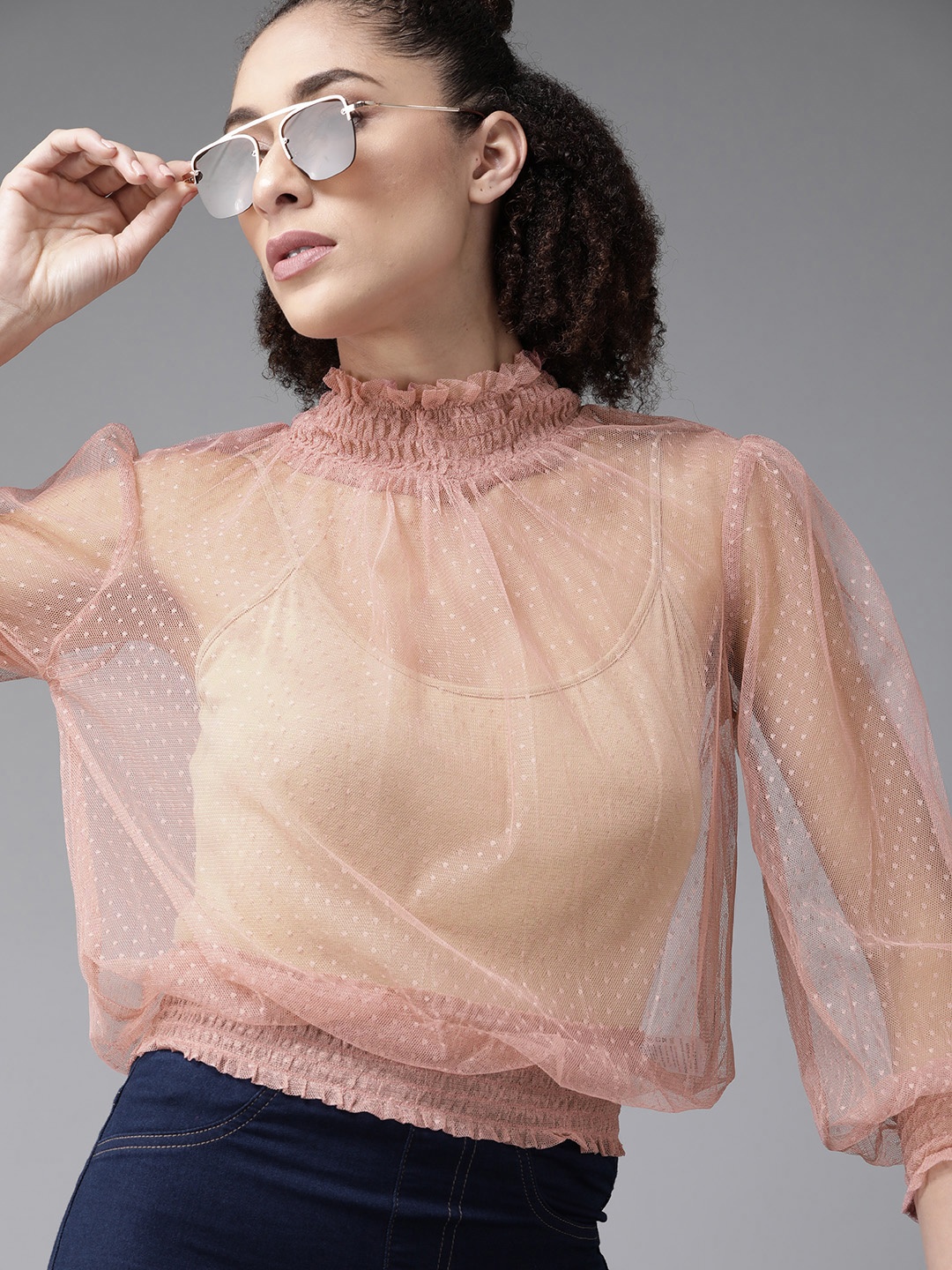 

Roadster Women Pink Self Design Sheer Top