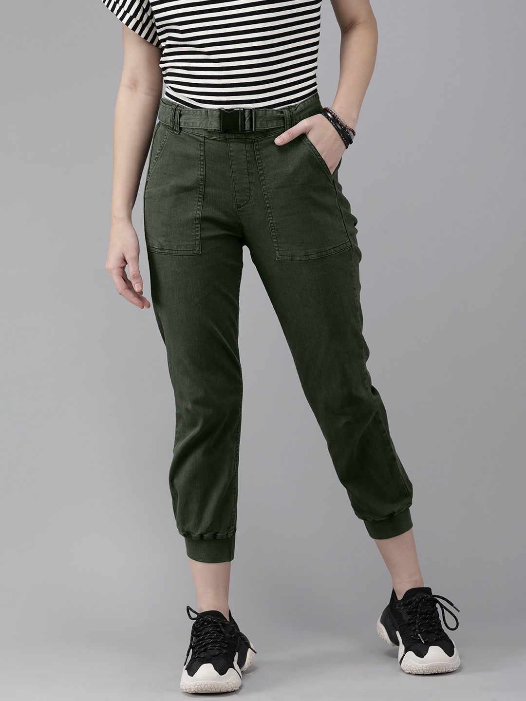 

Roadster Women Olive Green Solid Joggers Trousers