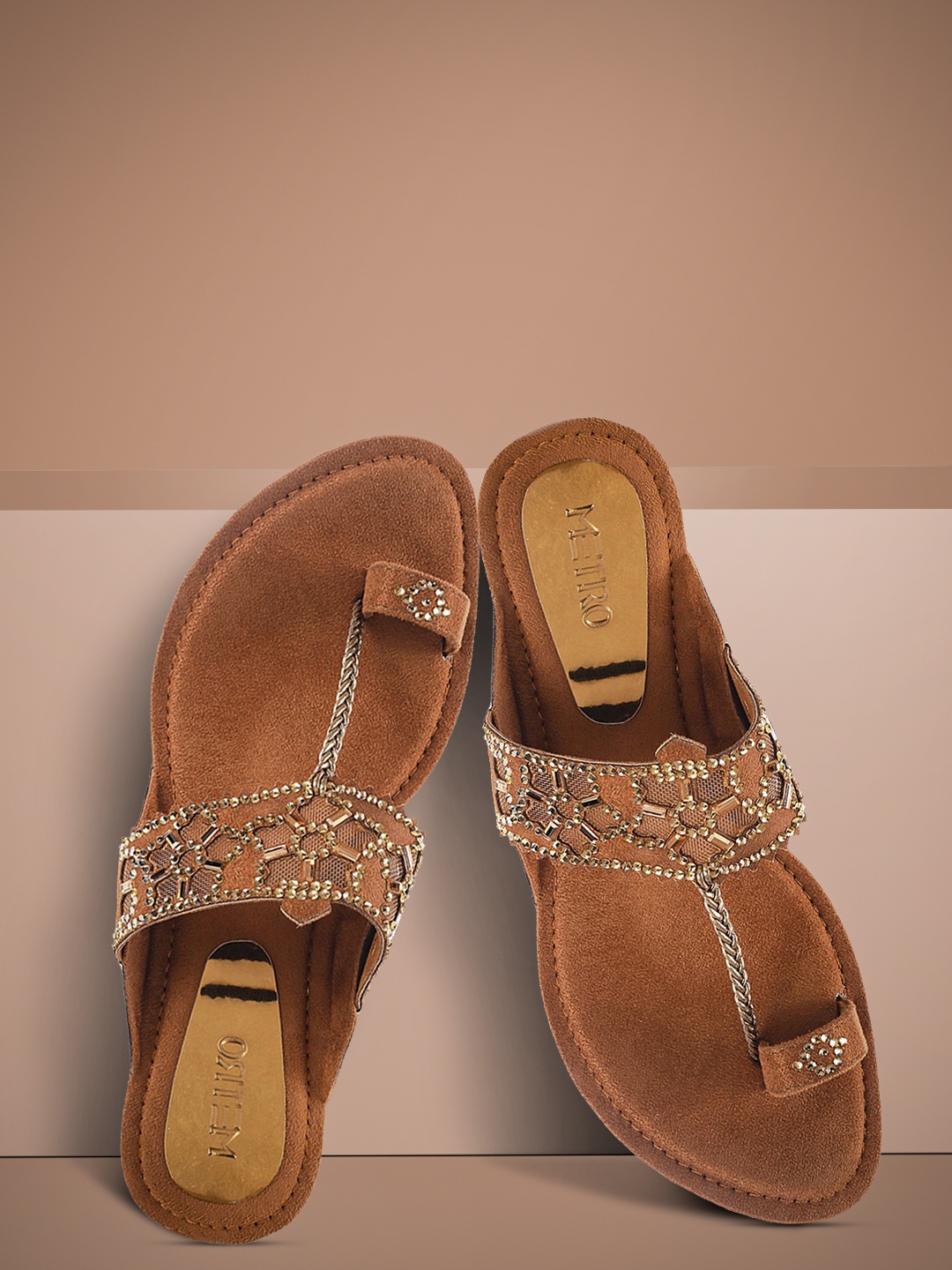 

Metro Women Gold-Toned & Tan Embellished Block Heels