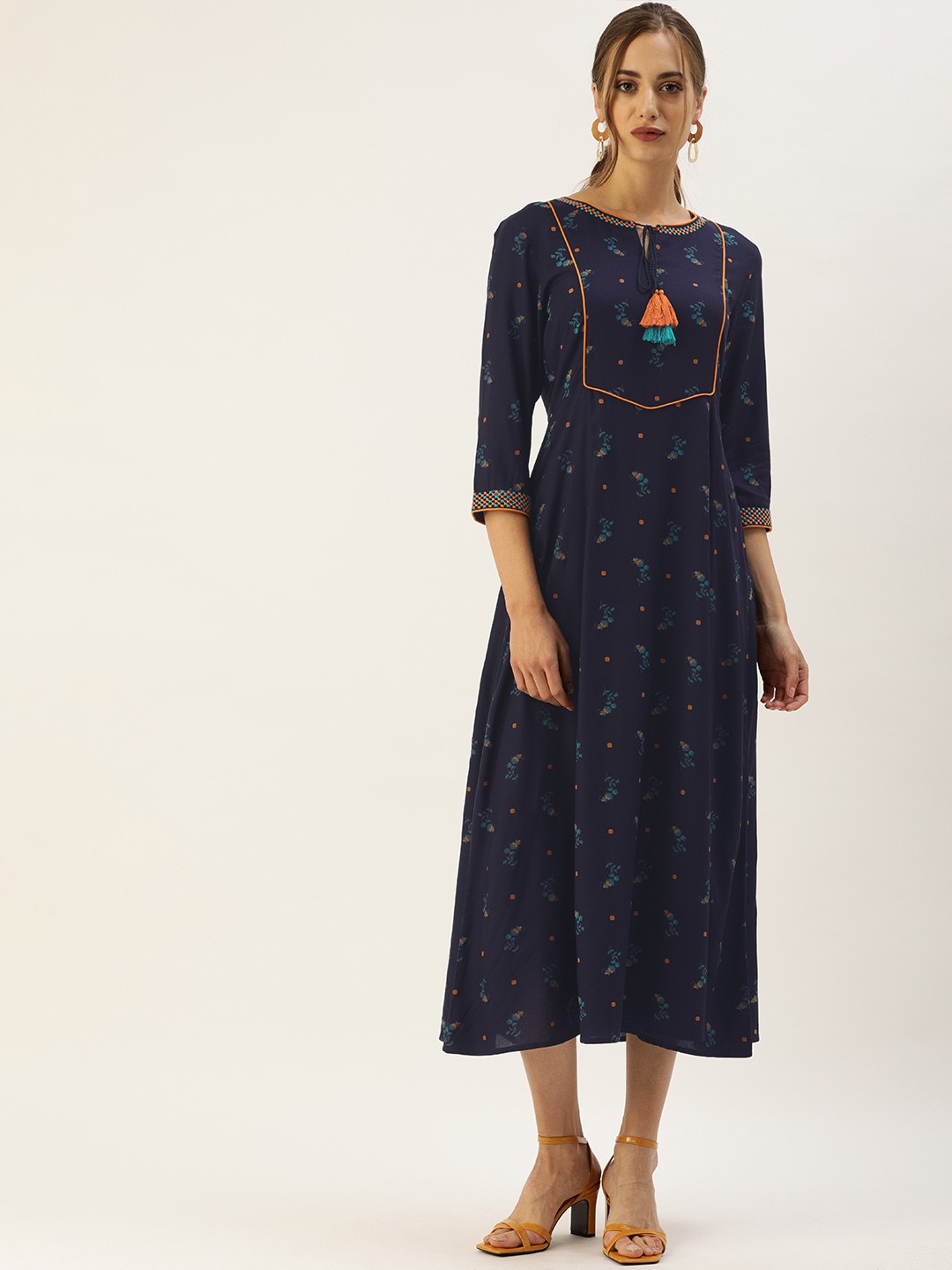 

all about you Navy Blue Floral printed Tasseled A-Line Midi Dress