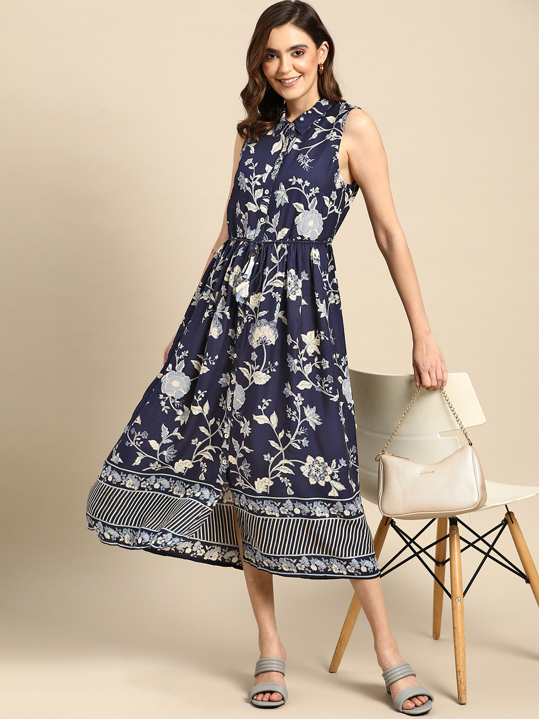 

all about you Floral Printed Waist Tie-Up Tassel A-Line Midi Dress, Navy blue