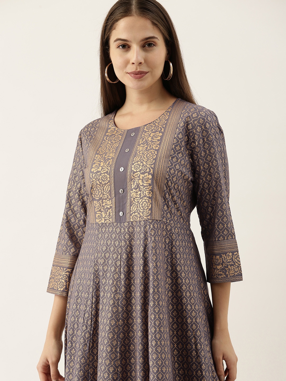 

all about you Charcoal Grey & Golden Ethnic Motifs Ethnic Anarkali Midi Dress