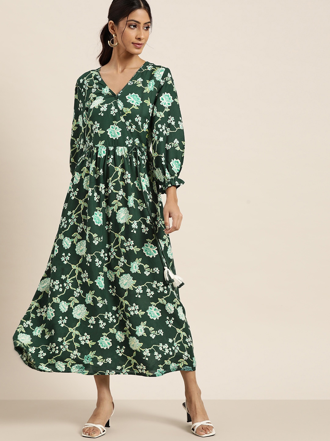 

all about you Green & Off White Floral Print Gathered Wrap Midi Dress with Waist tie-up