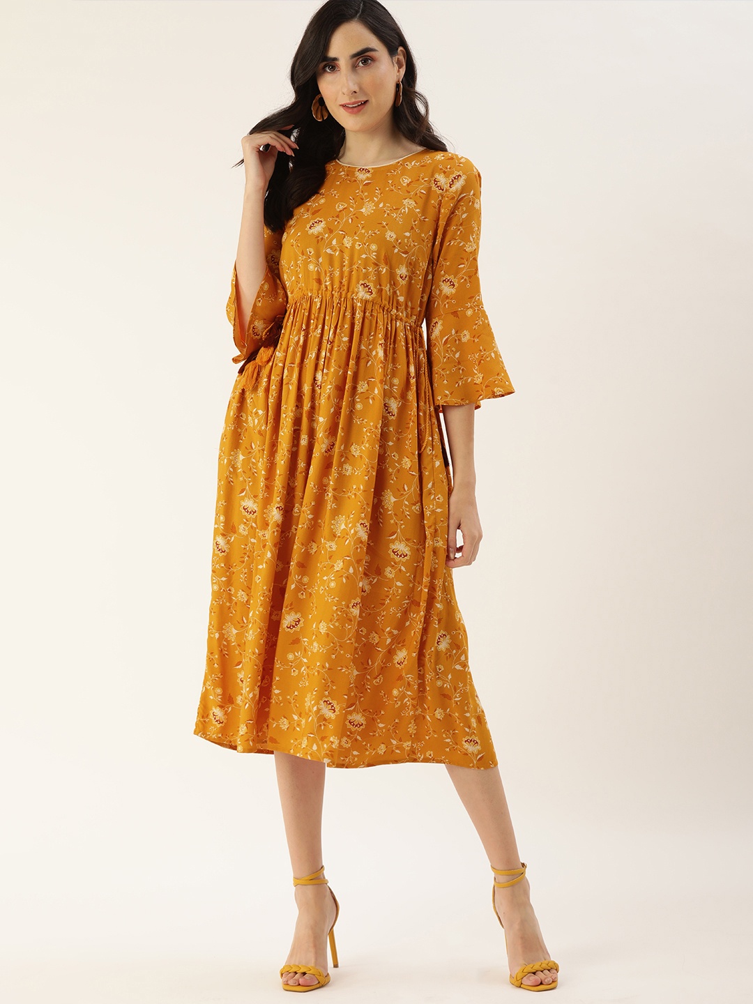 

all about you Mustard Yellow Floral Fit anmd Flare Midi Dress
