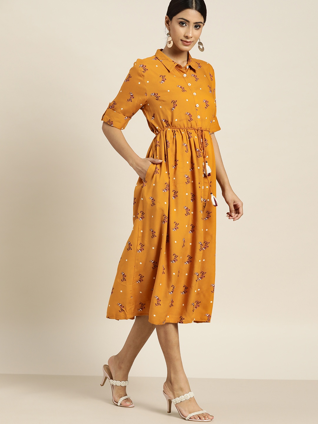 

all about you Mustard Yellow & White Floral Print Shirt Dress with Belt