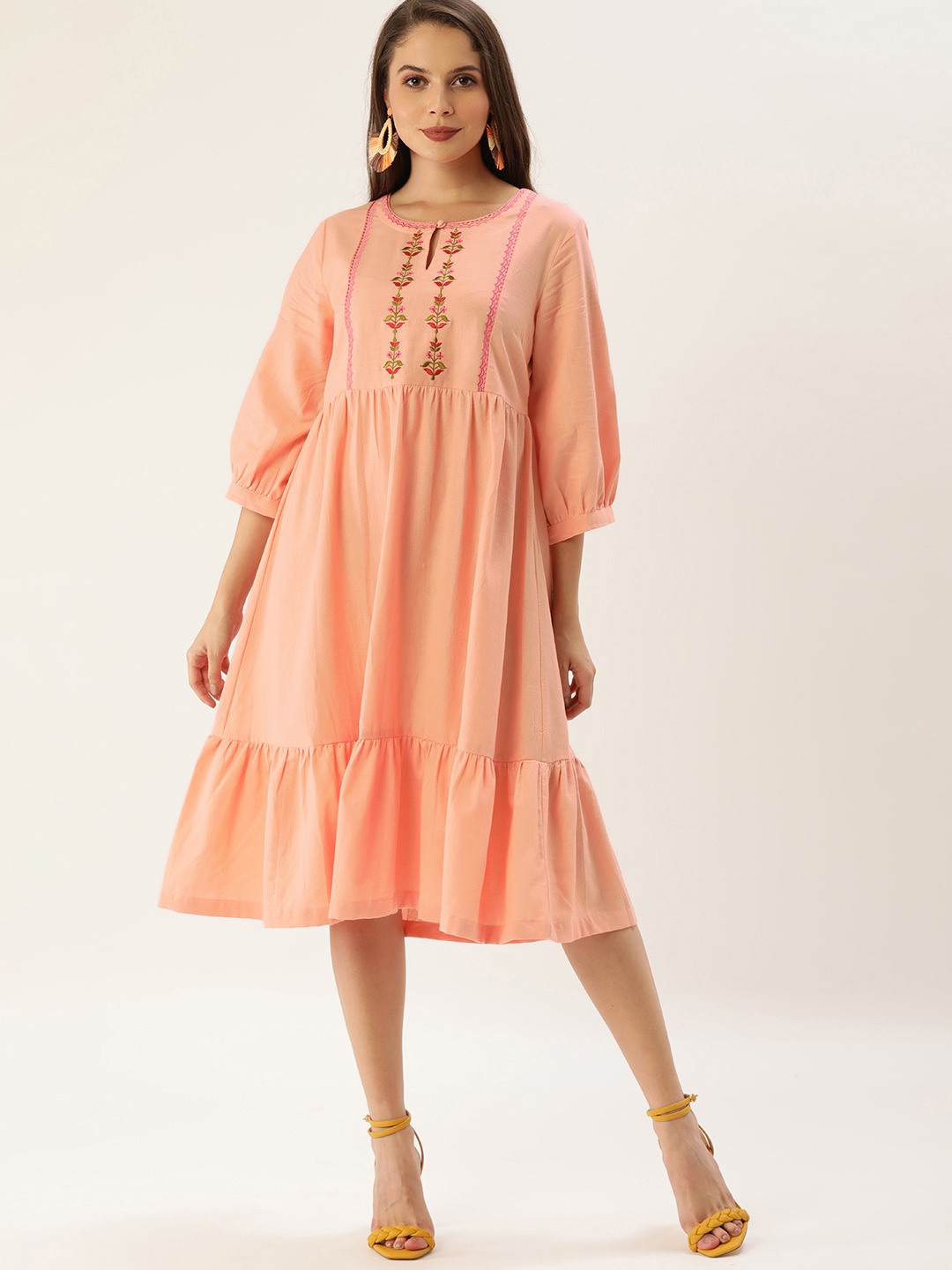 

all about you Peach Ethnic Motifs Tiered Dress