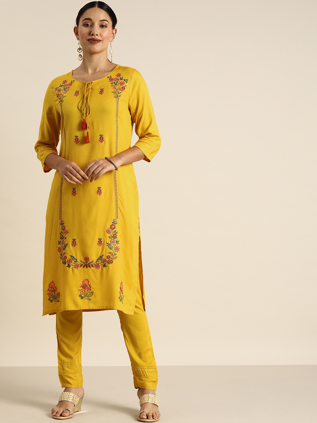 

all about you Women Yellow & Orange Ethnic Motifs Embroidered Kurta with Trousers