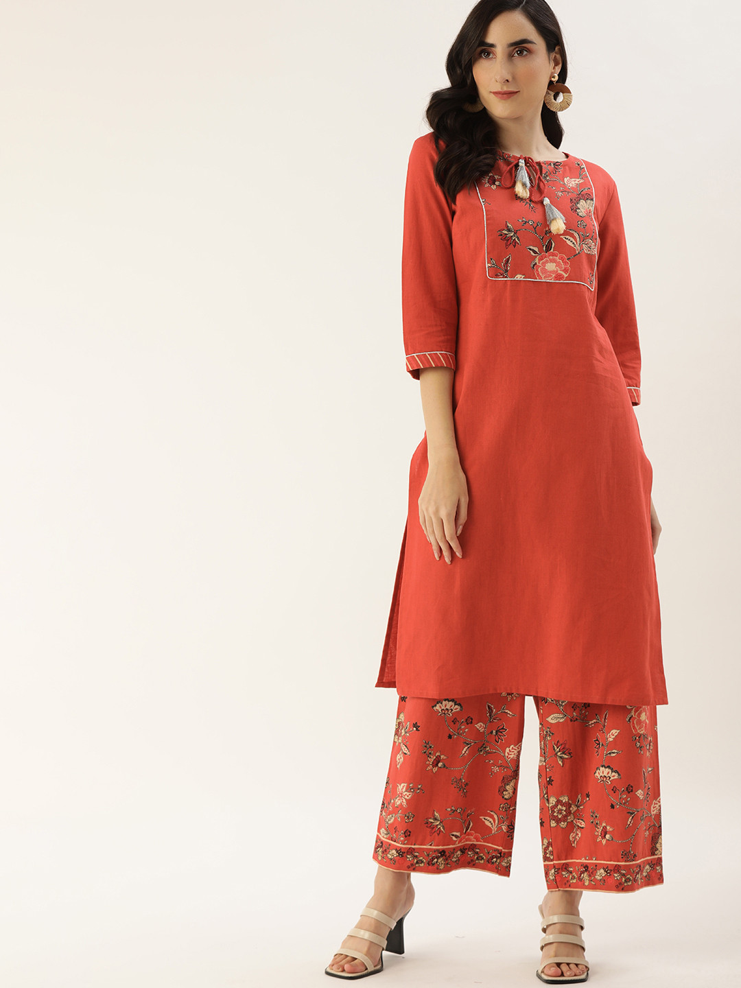 

all about you Women Orange Floral Yoke Design Pure Cotton Kurta with Palazzos