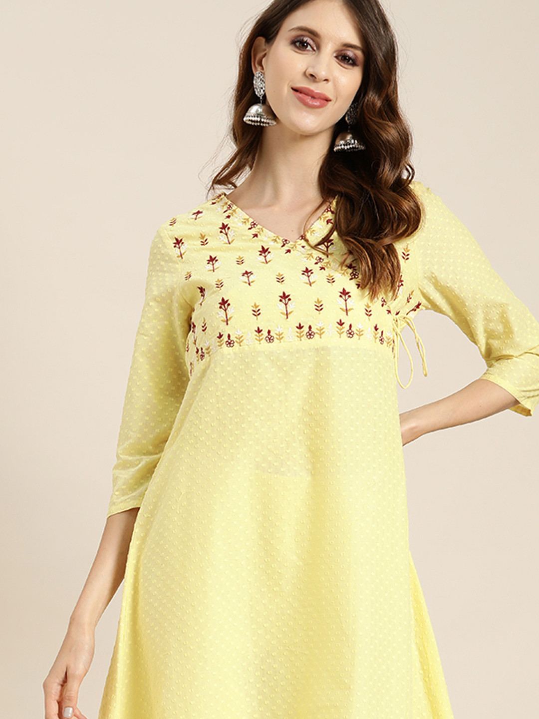 

all about you Women Yellow Pure Cotton Dobby Design Floral Angrakha Kurta with Trousers