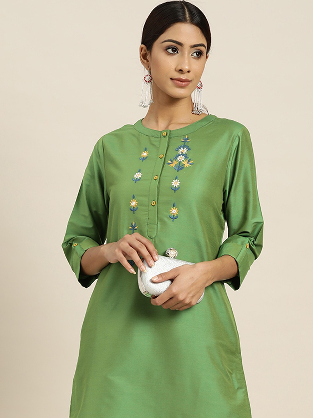 

all about you Women Green Floral Embroidered Yoke Design Kurta with Trousers