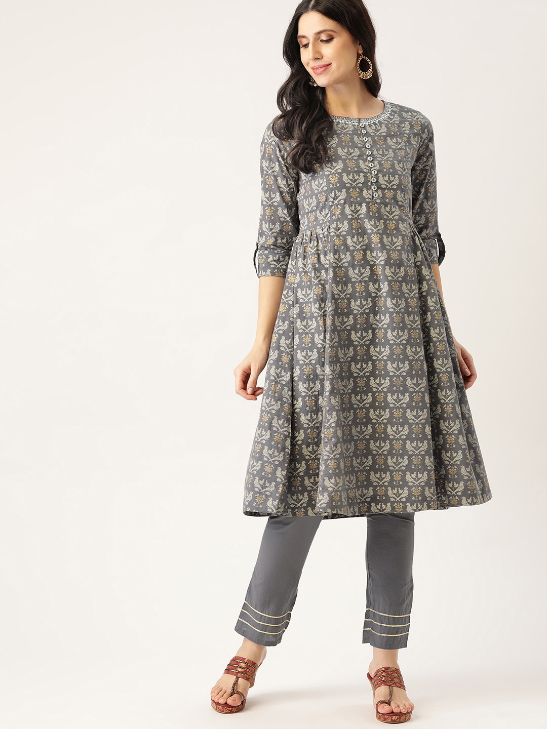 

all about you Women Grey & Off White Thread Work Panelled Pure Cotton Kurta with Trousers