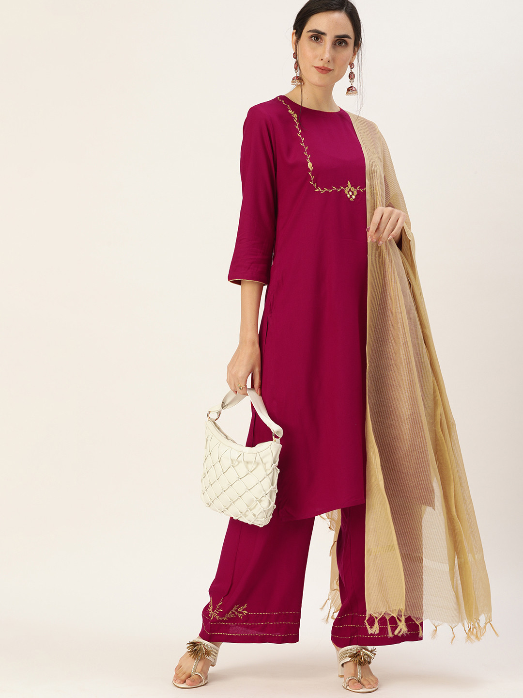 

all about you Women Fuchsia Pink Embroidered Kurta with Palazzos & With Dupatta