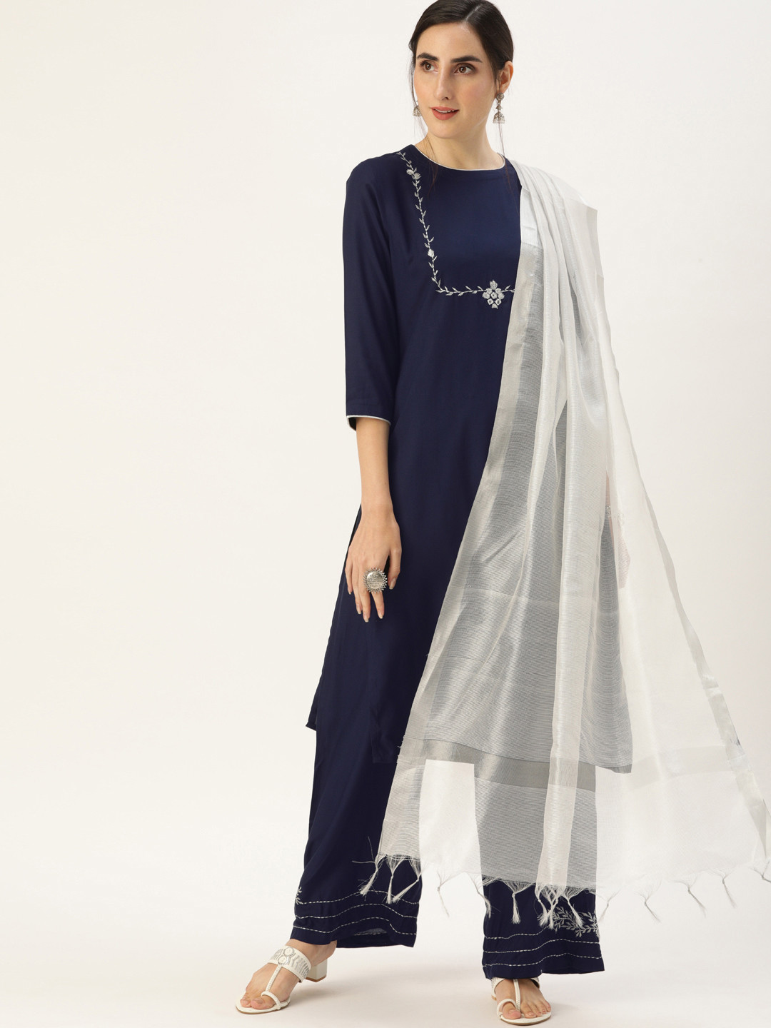 

all about you Women Navy Blue Ethnic Motifs Embroidered Kurta with Palazzos & With Dupatta