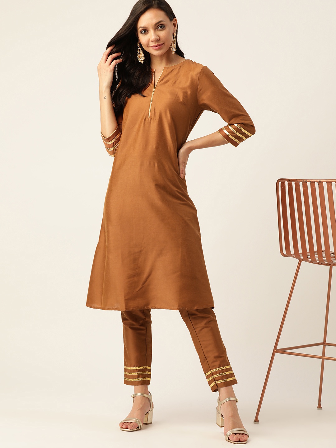 

all about you Women Brown Gotta Patti Kurta with Trousers