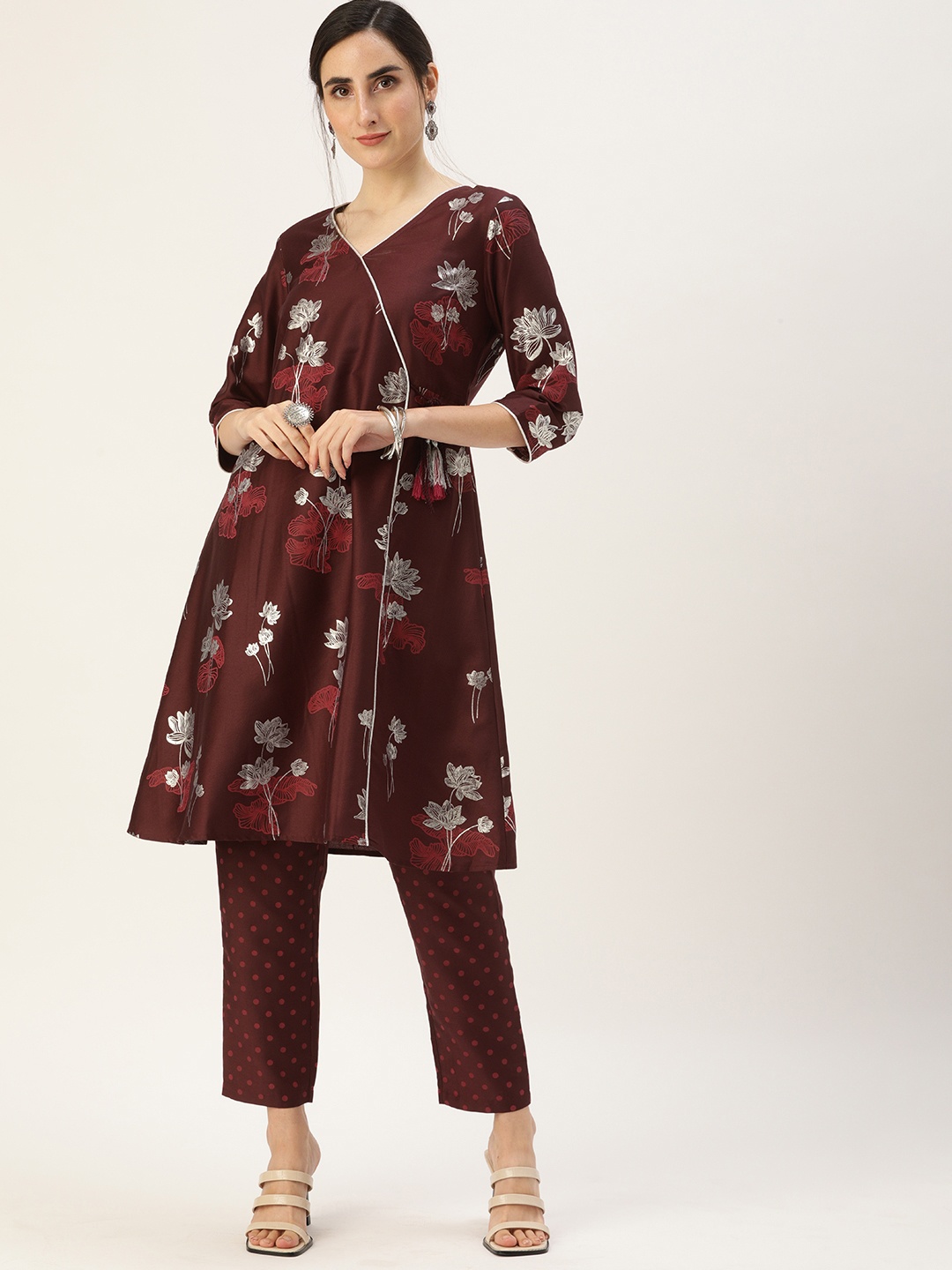 

all about you Women Maroon Floral Printed Angrakha Kurta with Trousers