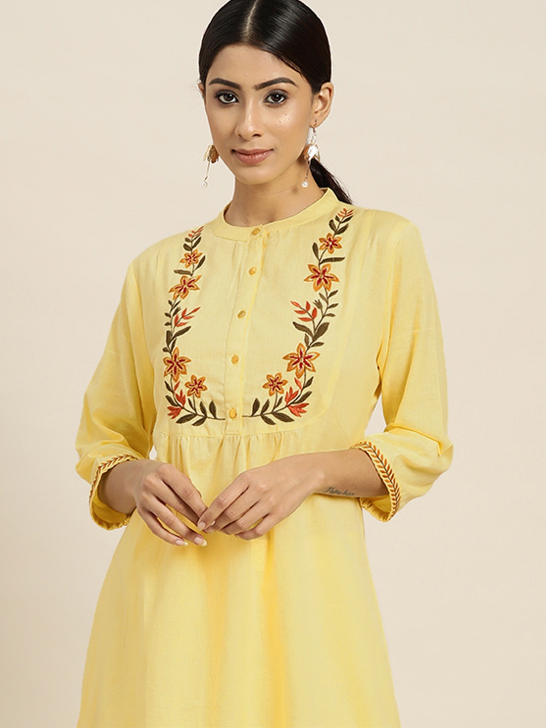 

all about you Women Yellow Floral Yoke Embroidered Pleated Pure Cotton Kurta with Palazzos