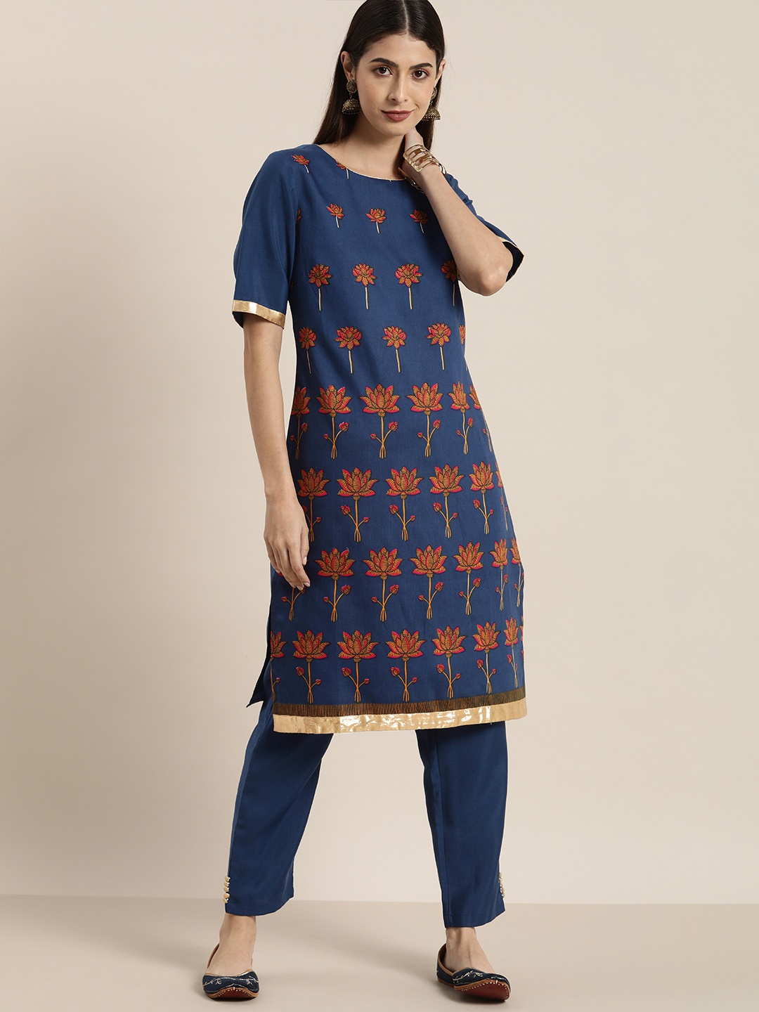 

all about you Women Blue Floral Printed Kurta with Trousers