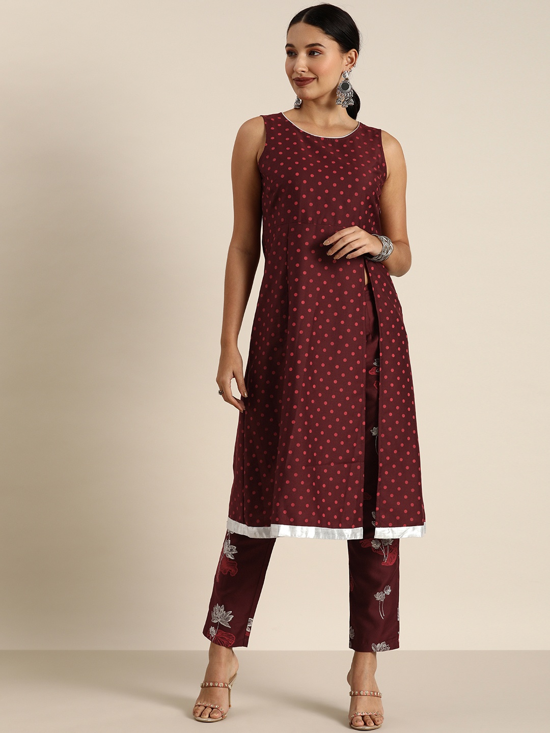 

all about you Women Maroon Printed High Slit Kurta with Trousers