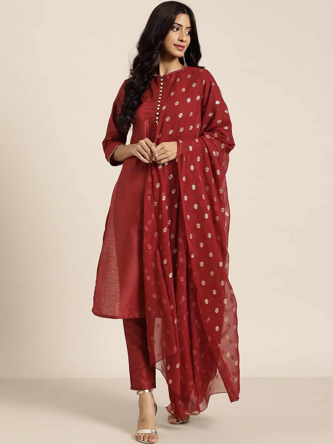 

all about you Women Maroon Kurta with Trousers & Printed Dupatta