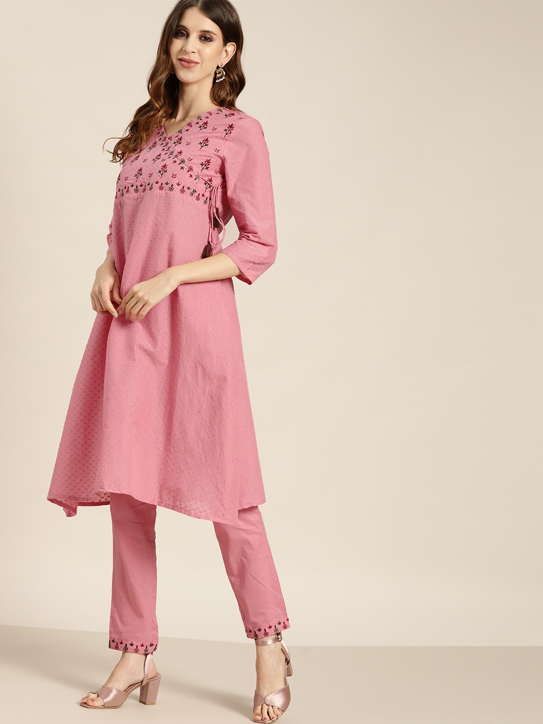 

all about you Women Pink Pure Cotton Dobby Design Embroidered Angrakha Kurta with Trousers