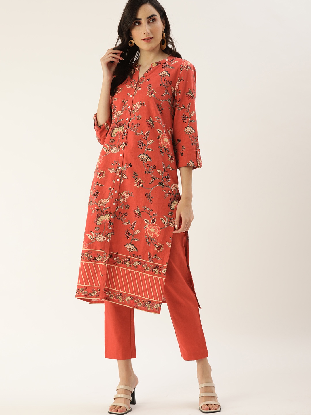 

all about you Women Red Floral Printed Pure Cotton Kurta with Trousers