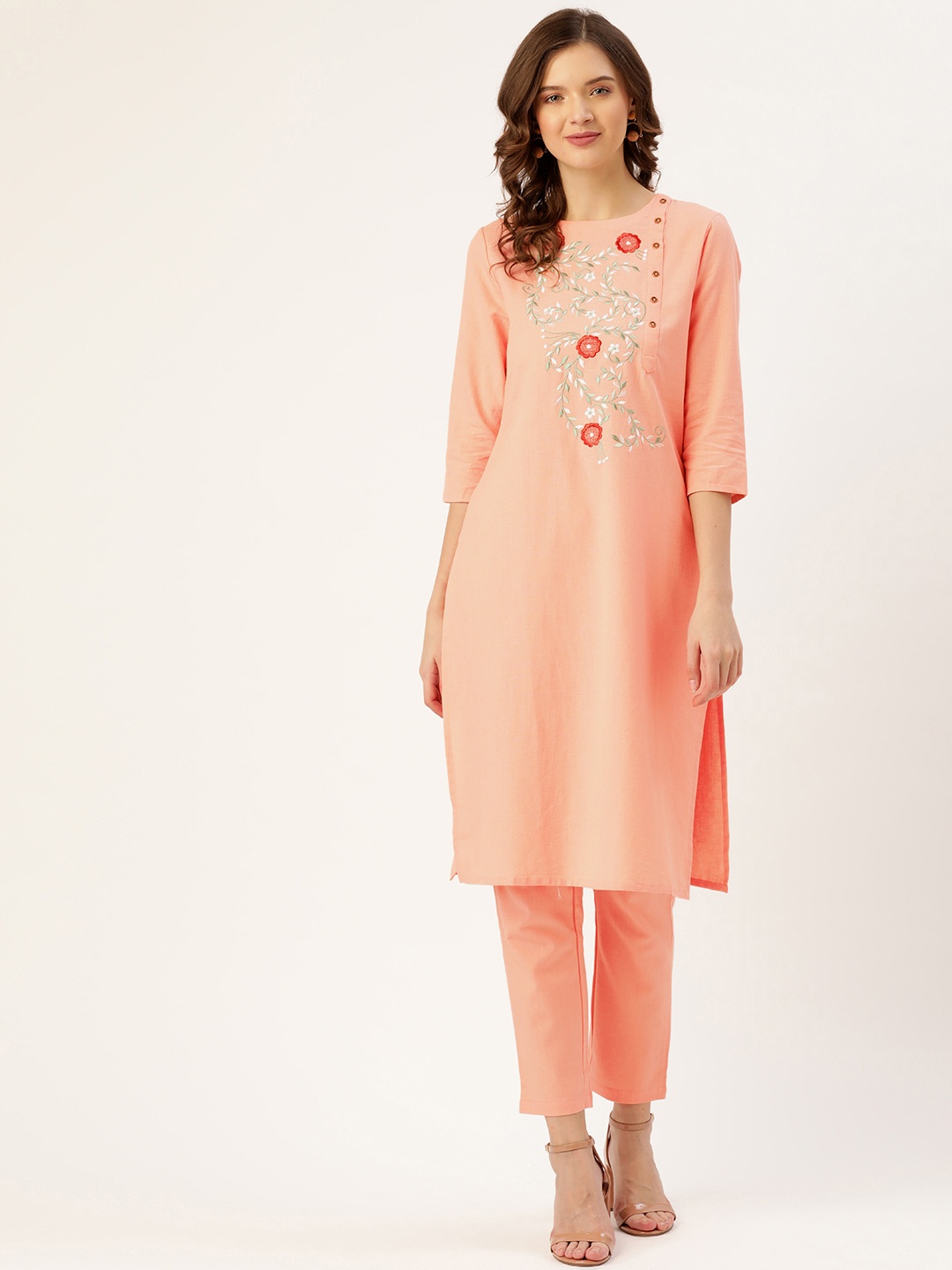 

all about you Women Peach-Coloured Floral Yoke Embroidered Kurta with Trousers