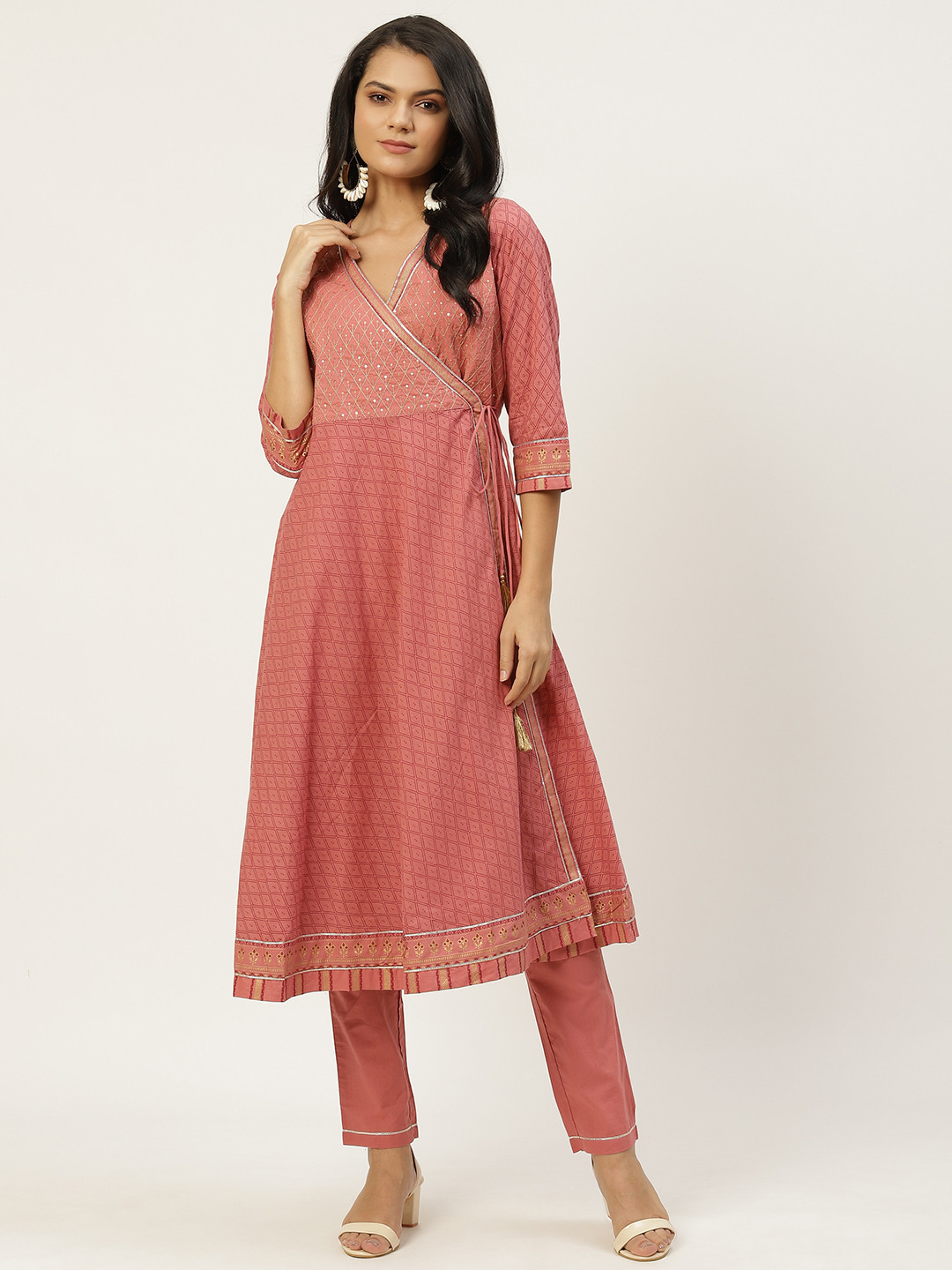 

all about you Women Peach-Coloured Embroidered Angrakha A-Line Kurta with Trousers