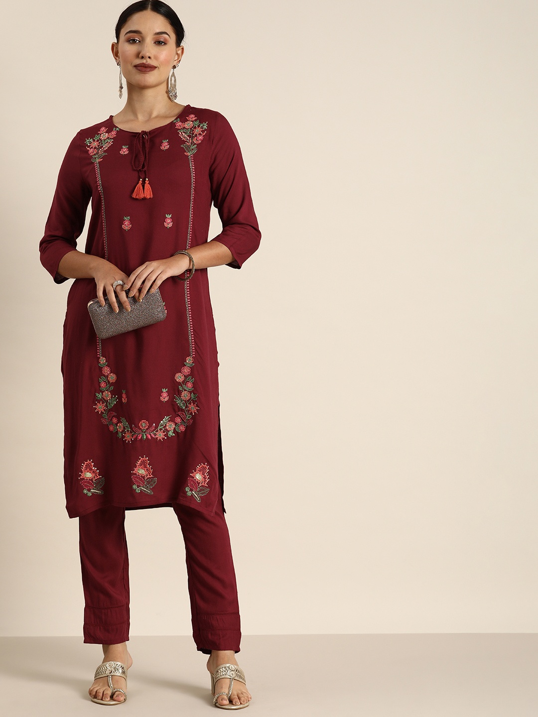 

all about you Women Maroon & Pink Ethnic Motifs Embroidered Kurta with Trousers