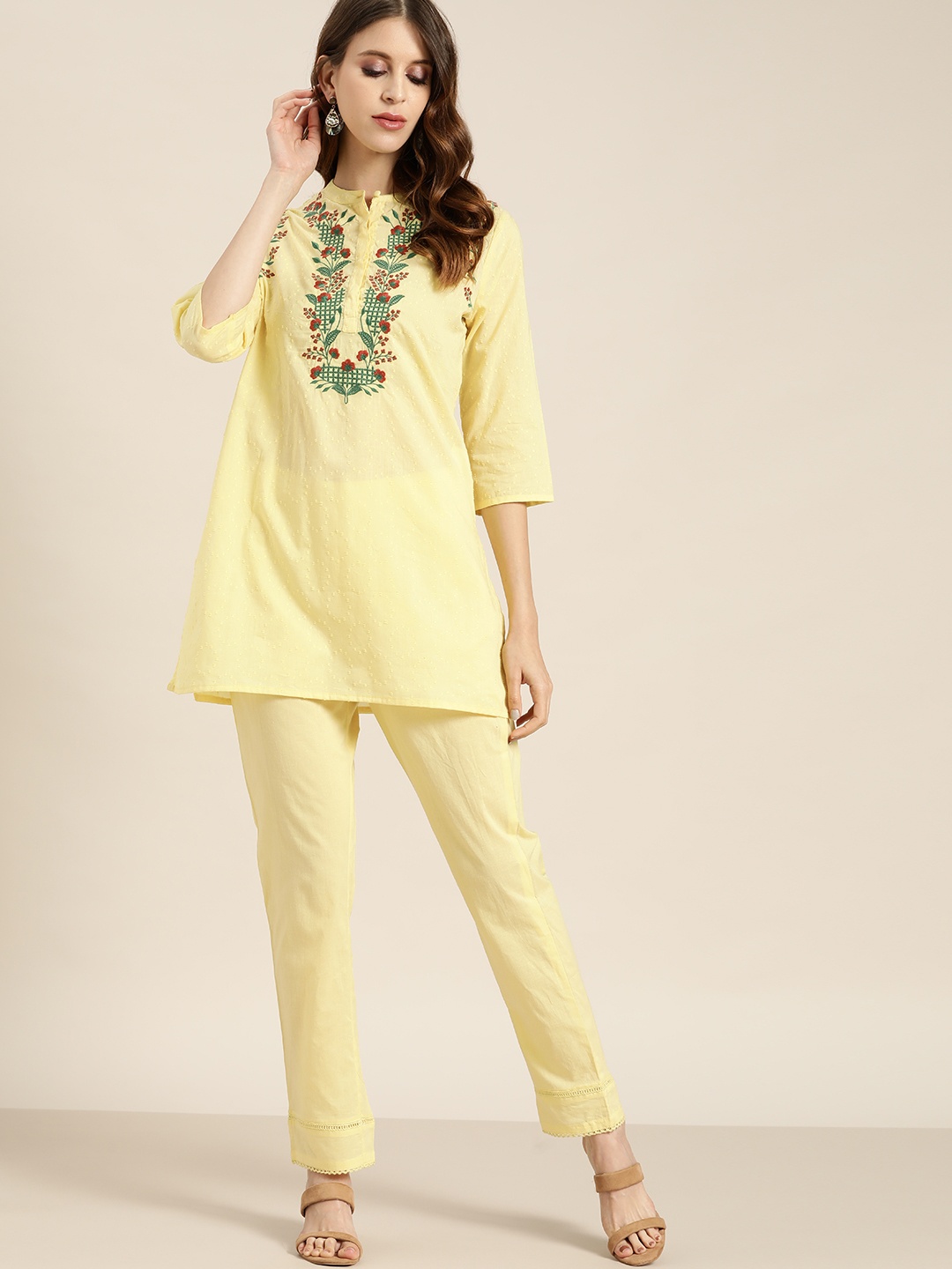 

all about you Women Yellow Pure Cotton Dobby Design Floral Embroidered Kurti with Trousers