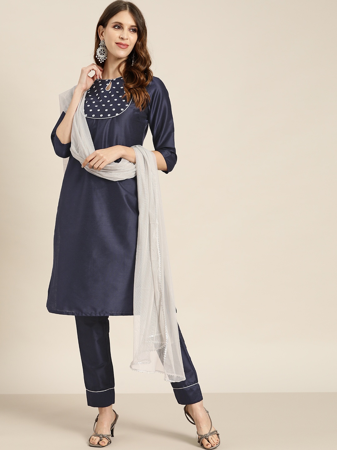 

all about you Women Navy Blue Embroidered Yoke Kurta with Trousers & Dupatta