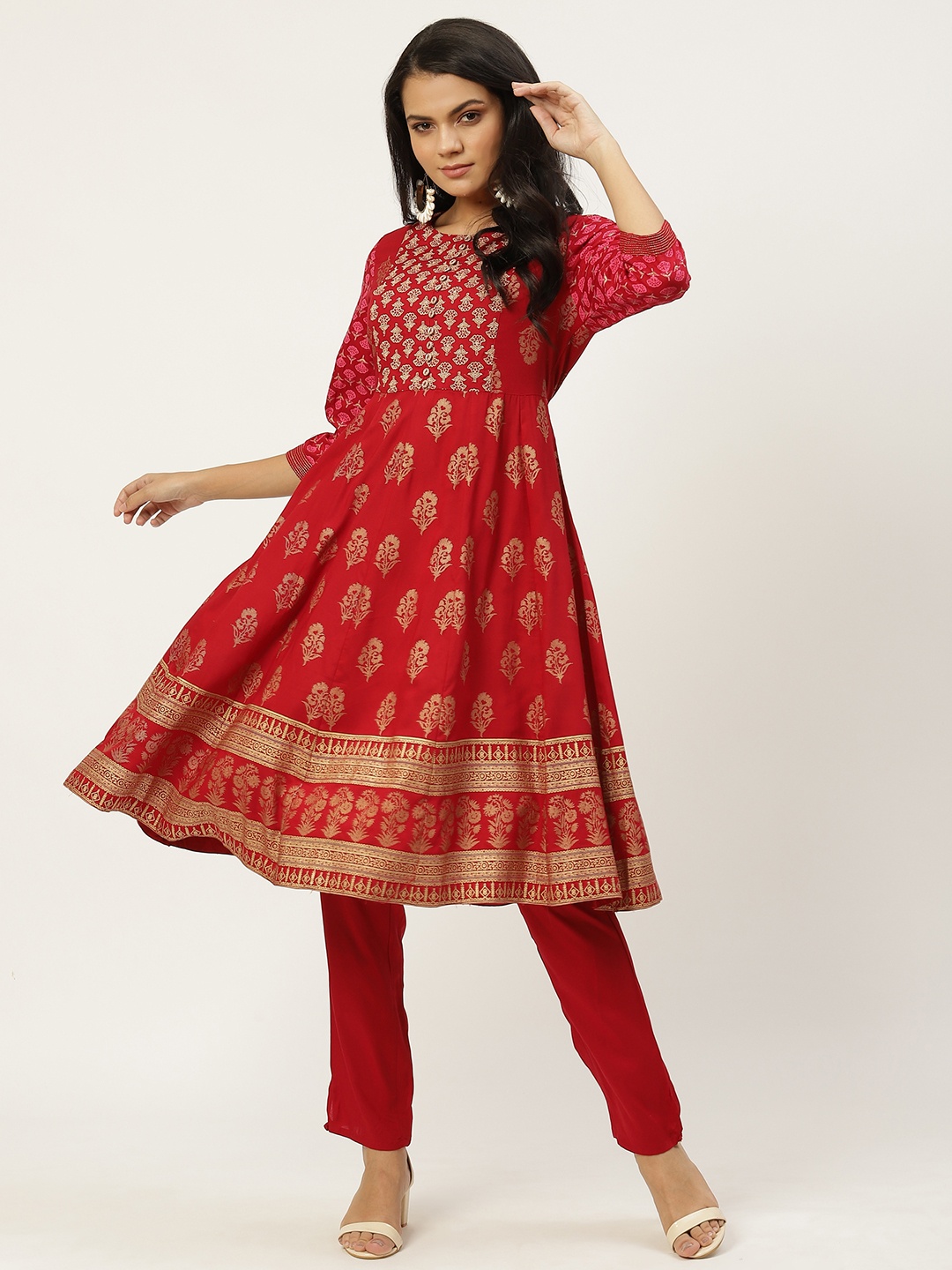 

all about you Women Red & Golden Ethnic Motifs Printed Kurta with Trousers