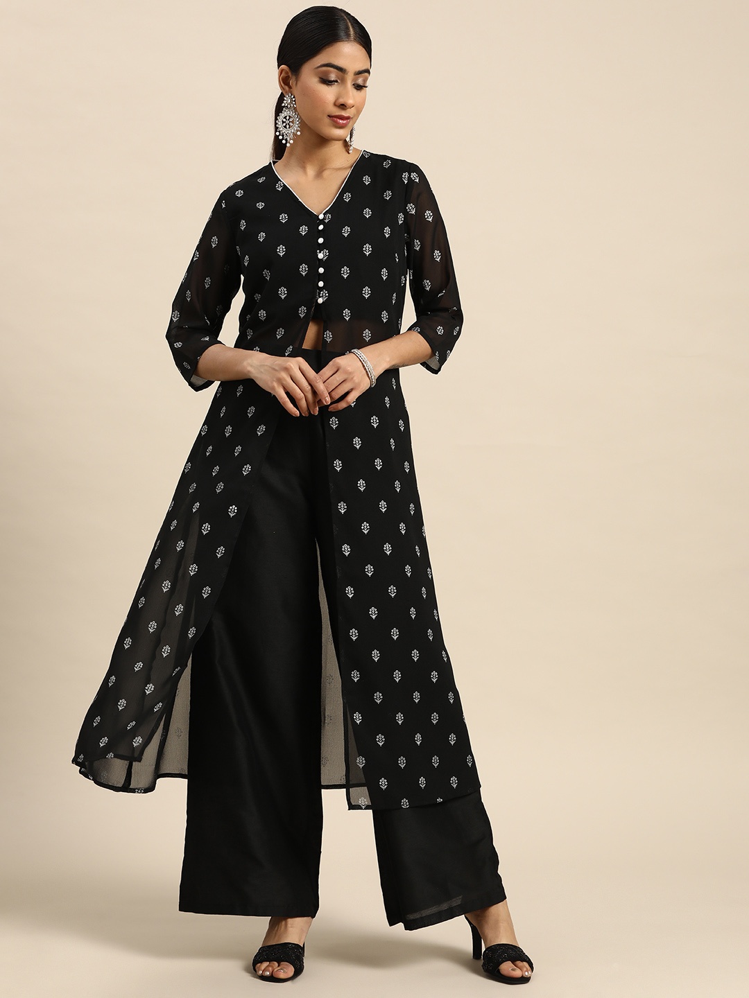 

all about you Ethnic Motifs Print High-Slit Kurta with Palazzos, Black